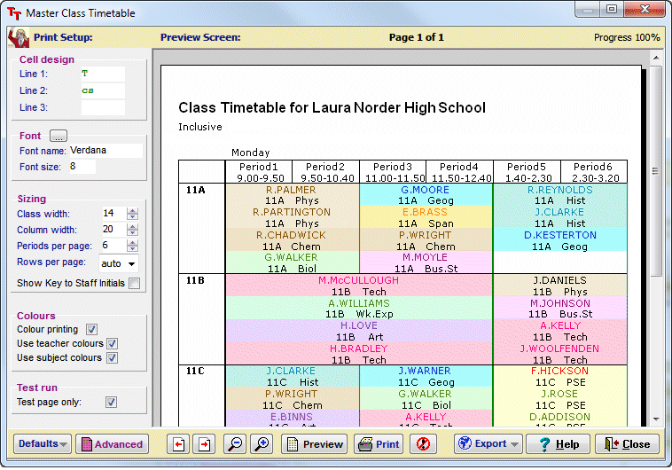 Class timetable printout screen